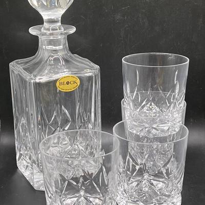 10” Block Lead Crystal Decanter & (4) Matching Lowball Glasses 