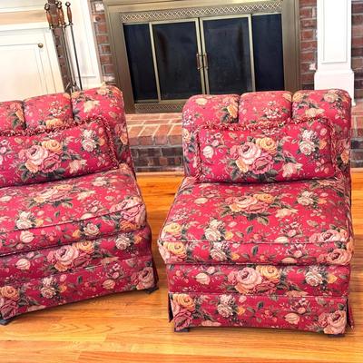 (2) Red Floral Designed Chairs 