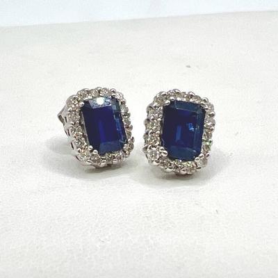 14K White Gold Earrings with Princess Cut Blue Center Stones Surrounded by Diamonds