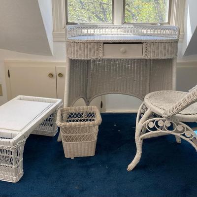 White Whicker Desk, Chair, Bench, & Basket Set