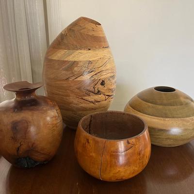 Vintage Hand-Turned Wooden Vases, Some Signed, California Redwood & Other Burl Wood Vases 
