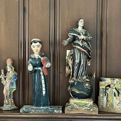 18th-Century, Early, & Antique Primitive Spanish Colonial Santos of St. Anthony, Mary, Angels & More