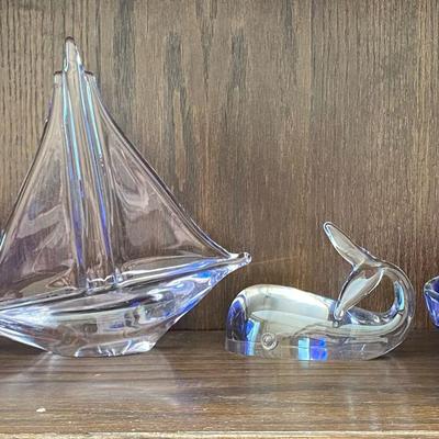 Glass Whale & Ship With Blue Glass Bowls