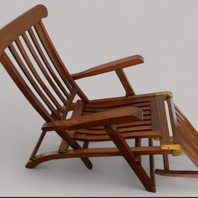 Vintage Wooden Folding Lawn Chair With Footrest And Brass Accents