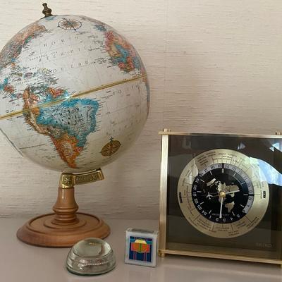 Vintage Globe, Time Zone Clock, & Paper Weights