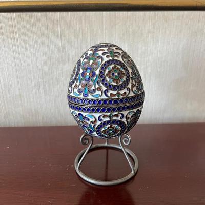 Silver Enamel, Faberge Style, Egg On Stand 