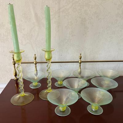 Vintage Mid Century Sherbet Bowls & Steuben Vaseline Twist Candlesticks