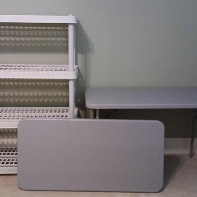 Two Costco Tables & Set of Shelves, 823-700 