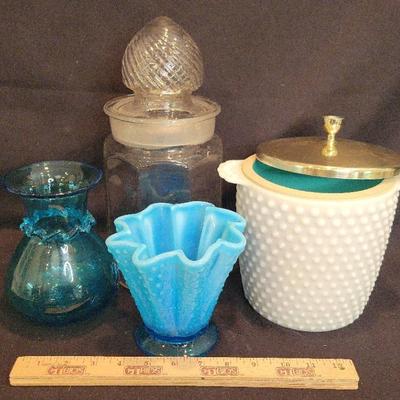 Hobnail Milk Glass Icebucket, Glass Container, and Blue Decorative Glass, 314-400