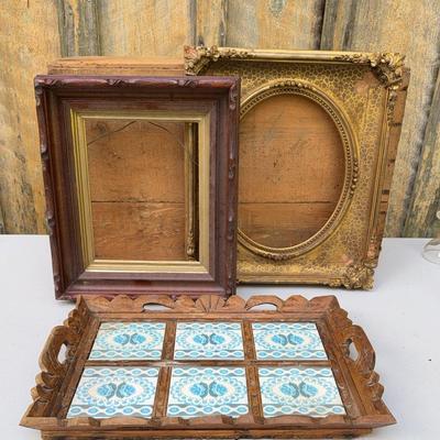 1970s Mexican Tile & Hand Carved Wood Serving Tray/Ornate Picture Frames