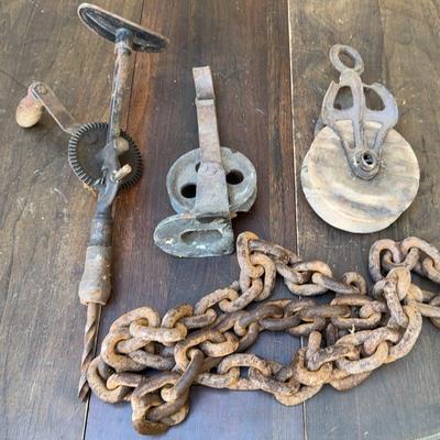Hand Crank Drill/Vintage Wood &Metal Pulley/Long Chain 