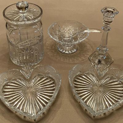 2 Pieces of Waterford Crystal, 1 Crystal Candlestick, & (Oneida Crystal?) Heart Shaped Candy Dishes