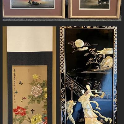 Asian Framed Artwork, Large Hanging Scroll, and Mother of Pearl Panel