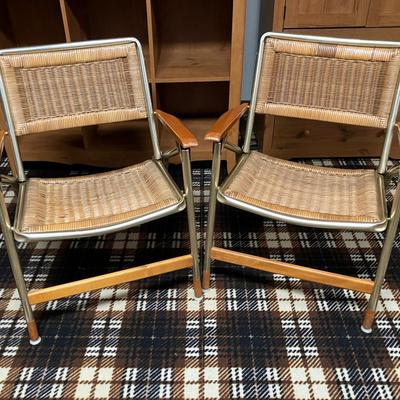 2 Mid-Century Telescope Wicker Folding Lawn Chairs 
