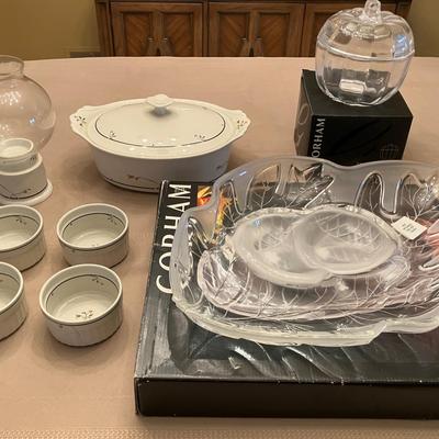 Gorham Crystal Pumpkin Jar, Harvest Bounty Crystal Tray, and Gorham Ariana Gourmet Collection Dishes