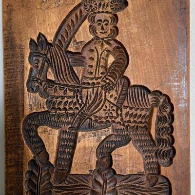 Vintage Carved Wooden Cookie Mold Man On Horse