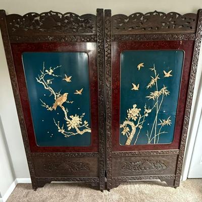 Gorgeous Vintage Carved Wood Asian Folding Screen Featuring Birds
