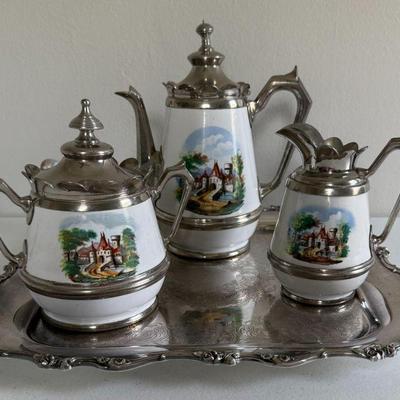 Antique Manning, Bowman & Co Enamelware Coffee Server Set On Silver Plate Tray