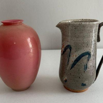 Vintage Signed Pottery Art Pitcher & Pink/Gold Art Glass Vase