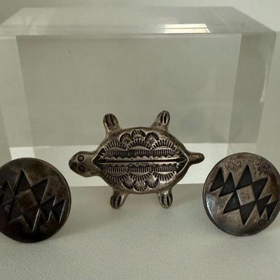 Vintage Sterling Silver Southwestern Native American Cufflinks And Turtle Brooch 30.36 Grams