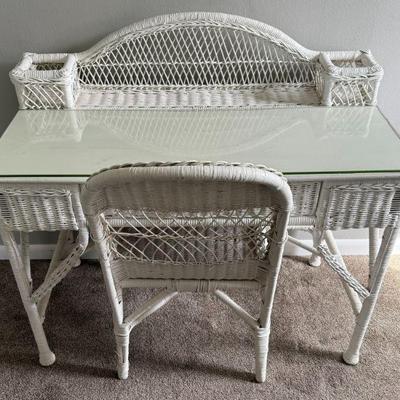 Vintage White Wicker Desk And Chair 