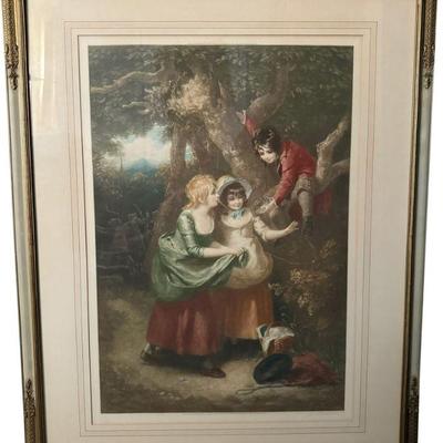 Vintage Louis Busiere Pencil Signed Framed Print, Mezzotint Children With Bird Nest