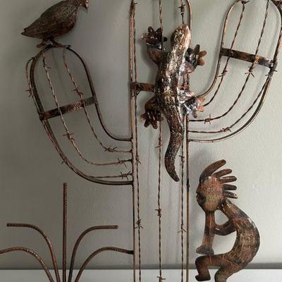 Copper Tone Metal Southwestern Wall Art-  Cactus W/ Lizard, Quail, And Kokopelli