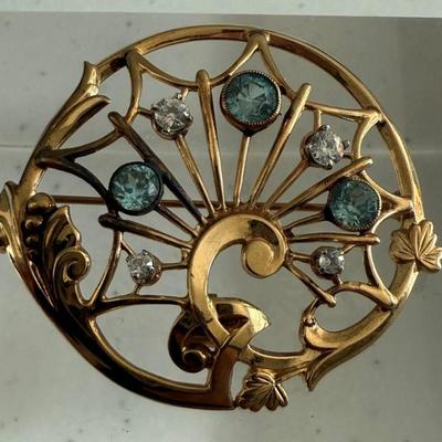 Vintage 10k Yellow Gold Brooch With Blue Zircons And White Sapphires  7.37 Grams