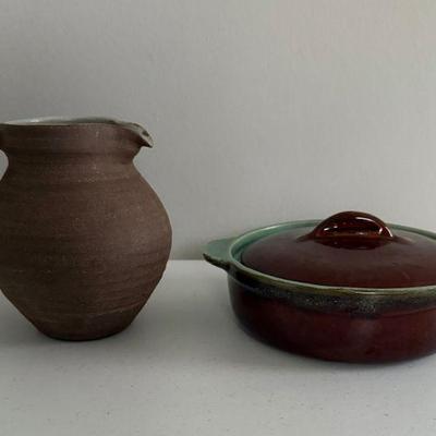 Unsigned Pottery Pitcher And Signed Glazed Pottery Art Casserole Dish 