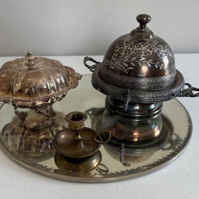 (2) Vintage Silver Plate Butter Dishes, Vintage Plateau Mirror & Brass Candle Holder