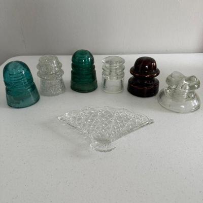 Vintage (6) Glass Insulators And Avon Glass Fan Dish