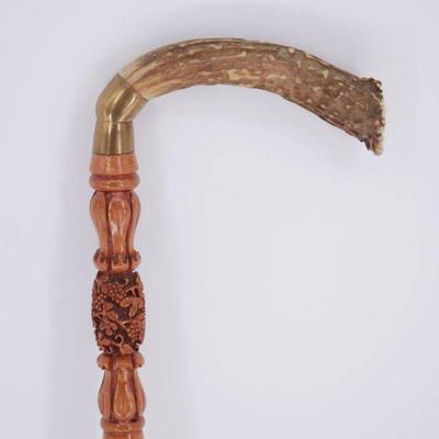 Late 19th Century Carved Wooden Cane w/ Antler Handle