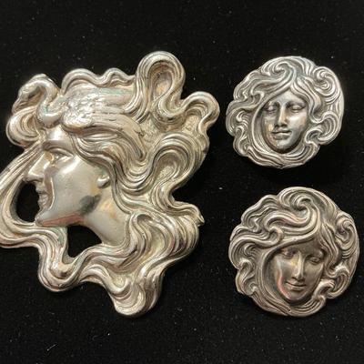 Non-Silver Art Nouveau Lady + Sterling Earrings 