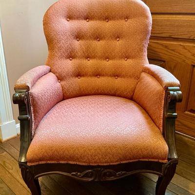 Carved Floral Victorian Pink Upholstered Arm Chair 
