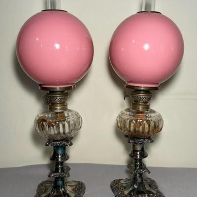 Pink Globe Oil Lamps on Candle Holders 