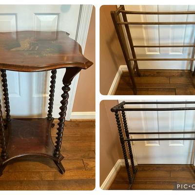 Spiral Leg Table & Two Small Antique Quilt Racks 