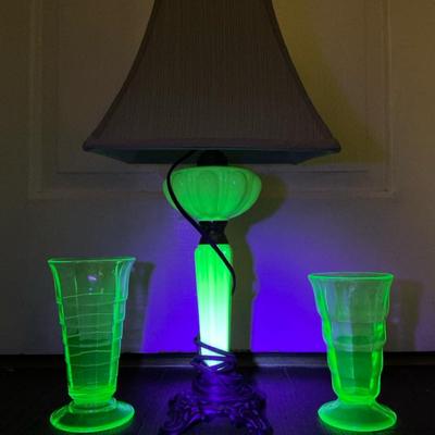 Uranium Glass Lamp & Two Glasses 