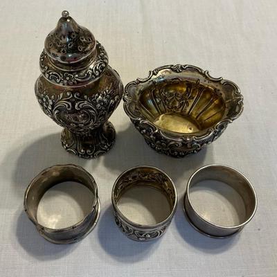 Sterling Silver Napkin Rings, Salt Shaker, And Sugar Bowl 