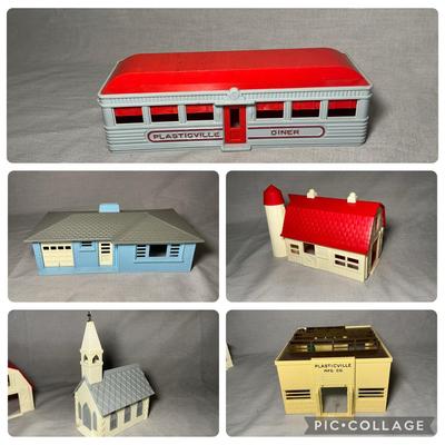 5 Plasticville Model Train Buildings - Barn, Church, Diner, Warehouse, House