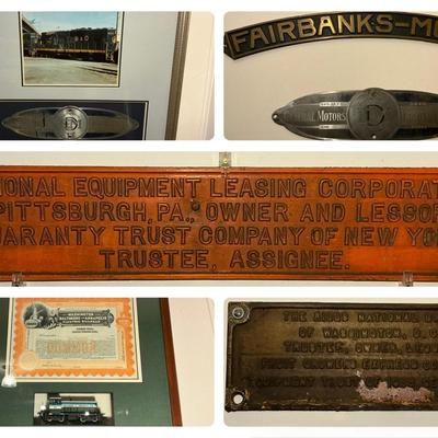 Railroad Signs + Framed W.B.A Electric Railroad Stock  