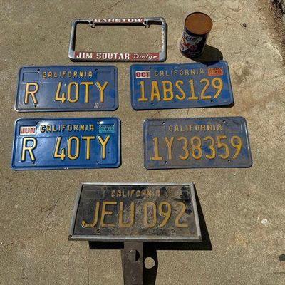 #5006 • 5 License Plates, 2 License Plate Covers, Vintage Can
