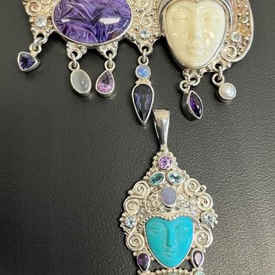 Two Sajen Sterling Silver Moon-Face Gemstone Pendants