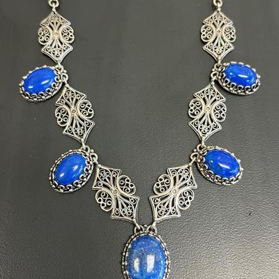 Sterling Silver Filigree Lapis Lazuli Cabochon Necklace