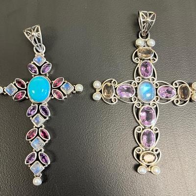 Two Sterling Silver Gemstone Cross Pendants