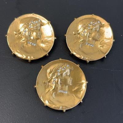 Trio of Alva Art Nouveau Gold-Tone Maiden Head Brooches