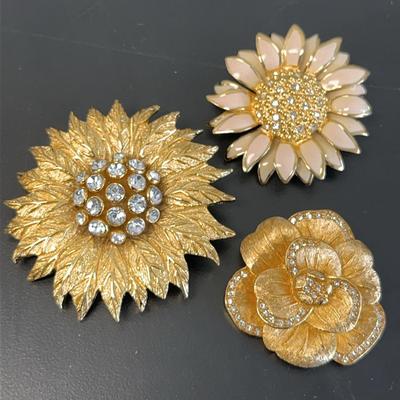Trio of Christian Dior Gold-Tone Flower Brooches