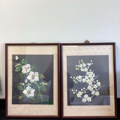 Pair Of Vintage Korean Floral Silk Embroidery