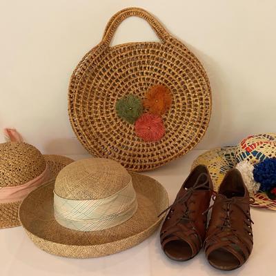 Straw Beach Bag, Three Summer Hats And Pair Of Leather Sandals