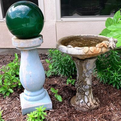 Stone Birdbath and Ornamental Garden Sphere & Pedestal