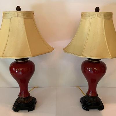 Pair Of Red Lamps With Beige Lampshades 